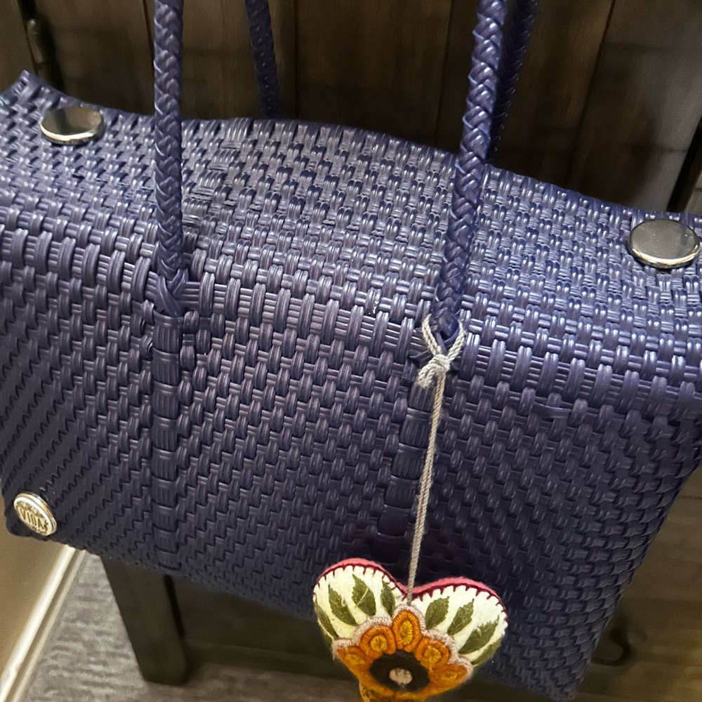 Navy Blue Woven Handbag with Floral Charm - Picture 4 of 6